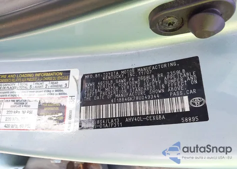 2008 Toyota Camry Hybrid z USA, uszkodzony, nr VIN 4T1BB46K78U049344